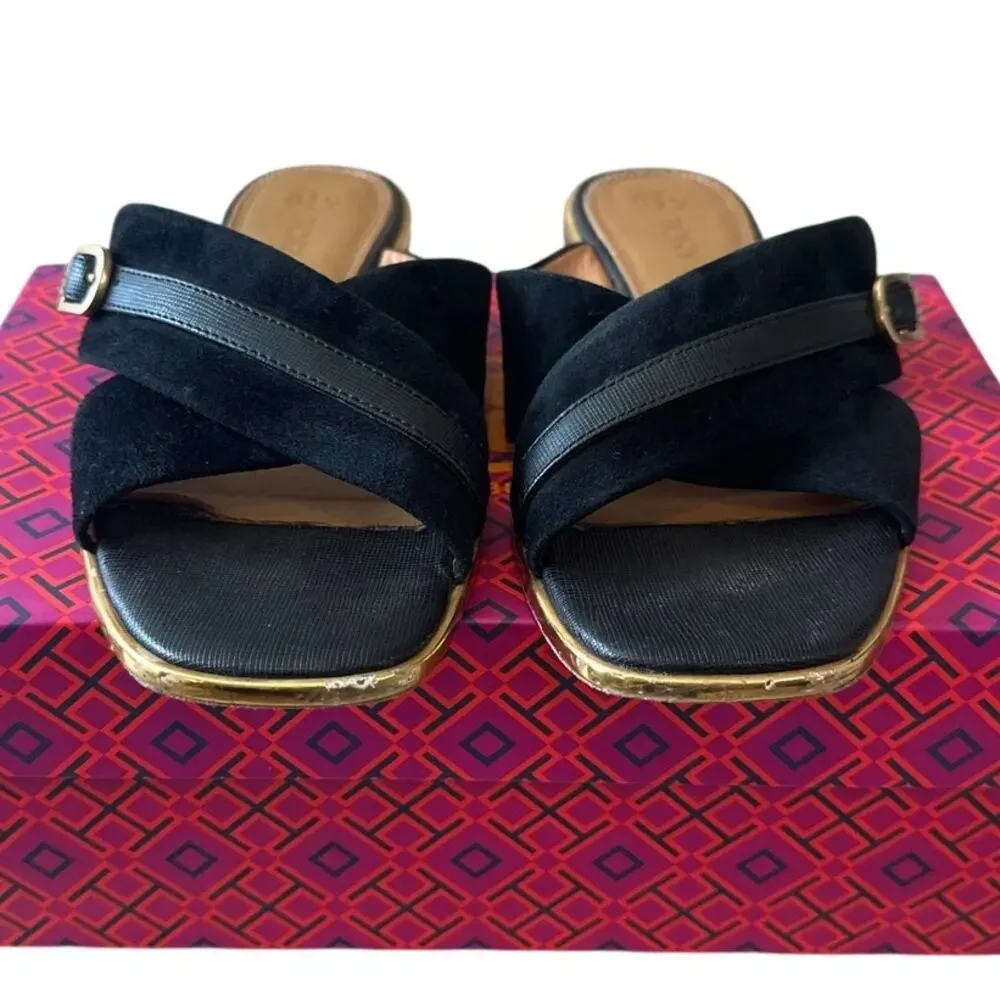 Tory Burch Delaney 5mm Sandals Perfect Black Suede‎ Leather 8